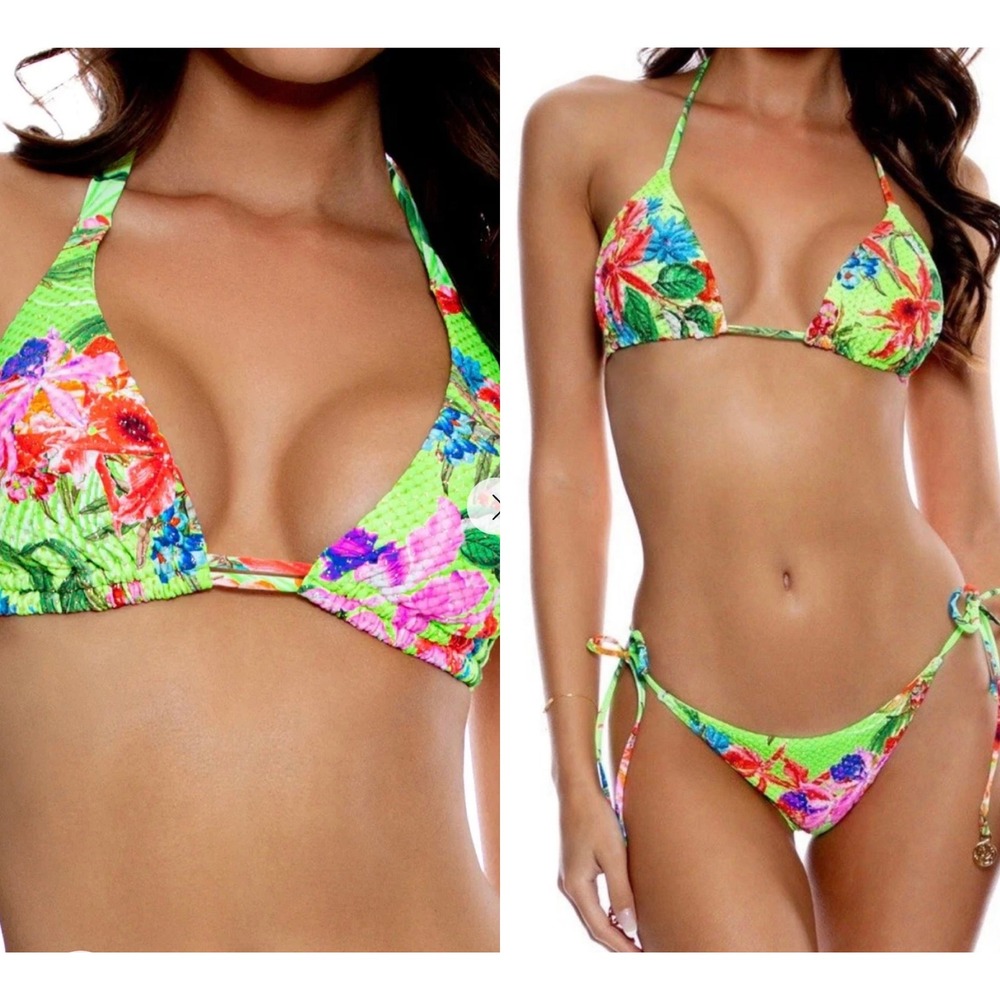 Luli Fama Luli Tropics Bikini Set Lime Green Floral D-Cup Top Small Bottoms NEW